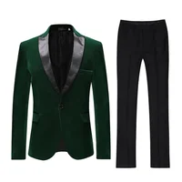 2 Piece Men's Green Velvet Suit Peak Lapel One Button Blazer Wedding Groom Tuxedos Pants Jacket for Party Prom 1
