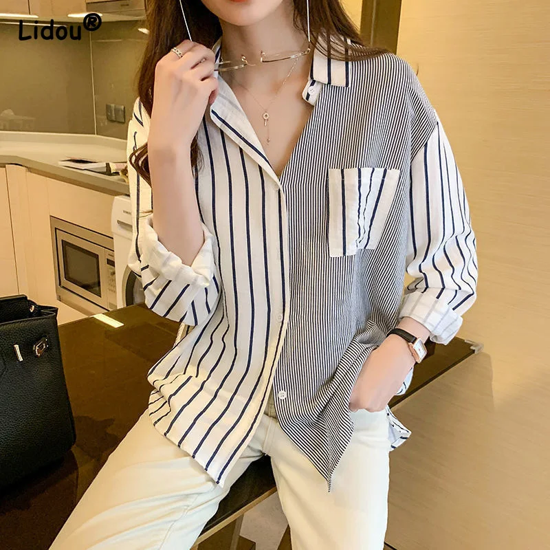 Office Lady Turn-down Collar Pocket Asymmetrical Hot Selling Long Sleeve Blouses Spring Autumn Straight Shirt Women Clothes 2022