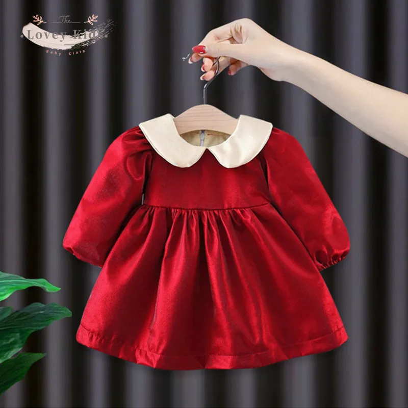 

Baby Girls Dress 2023 Christmas Long Sleeve Peter Pan Collar Toddler Kids Sweet Warmer Plush Party Princess Clothes Red