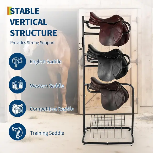 Heavy Duty 3 Tier Freestanding Saddle Rack Stand, 76cm x 76cm x 173cm Rotatable & Removable Arms, Horse Tack Organizer for English & Western Saddles, Blankets & Gear, Black Stable Storage