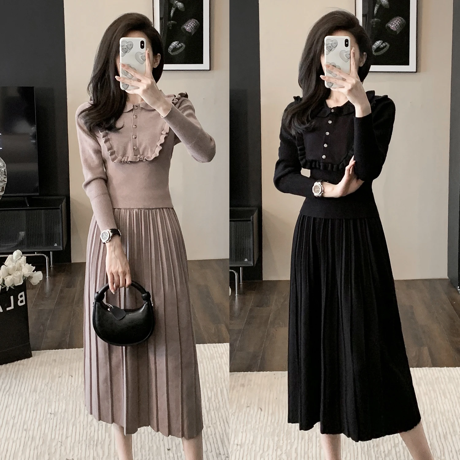 

Роскошный высококачественный вязаный костюм с юбкой, новинка весны 2024, топ с кукольным воротником и длинным рукавом + плиссированная юбка, комплект из 2 предметов, черный