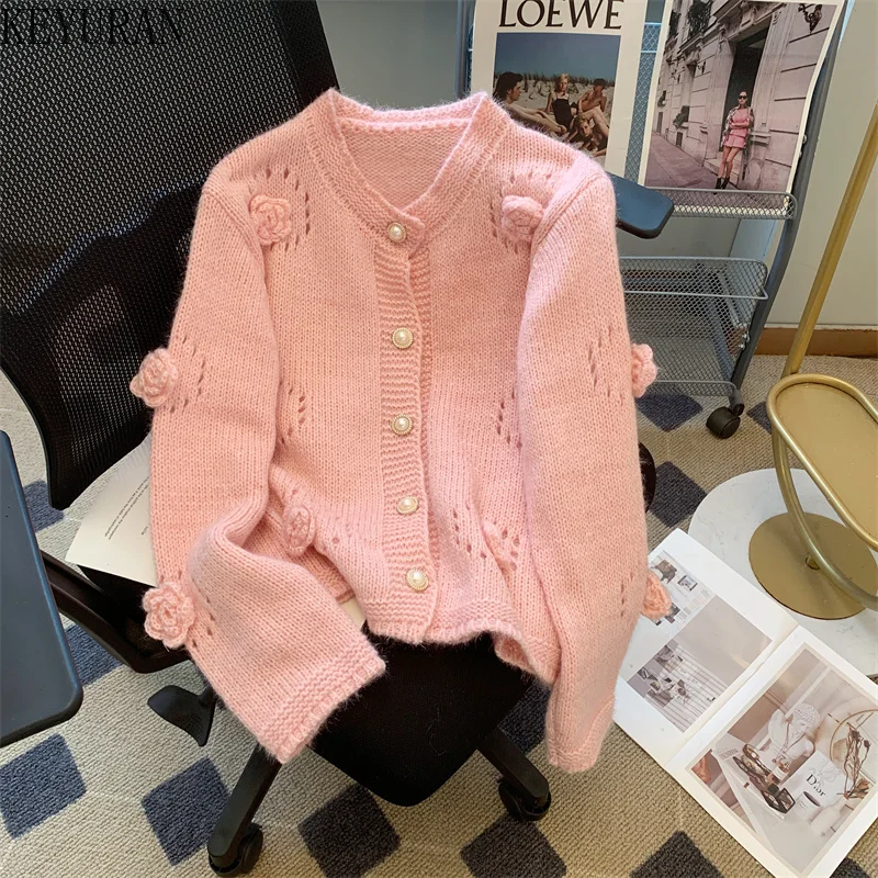 

Three-dimensional Rose Floral Knitted Cardigan Women's Autum Korean Fashion O-Neck Long Sleeve Sweater Coat Female Knitwear Tops