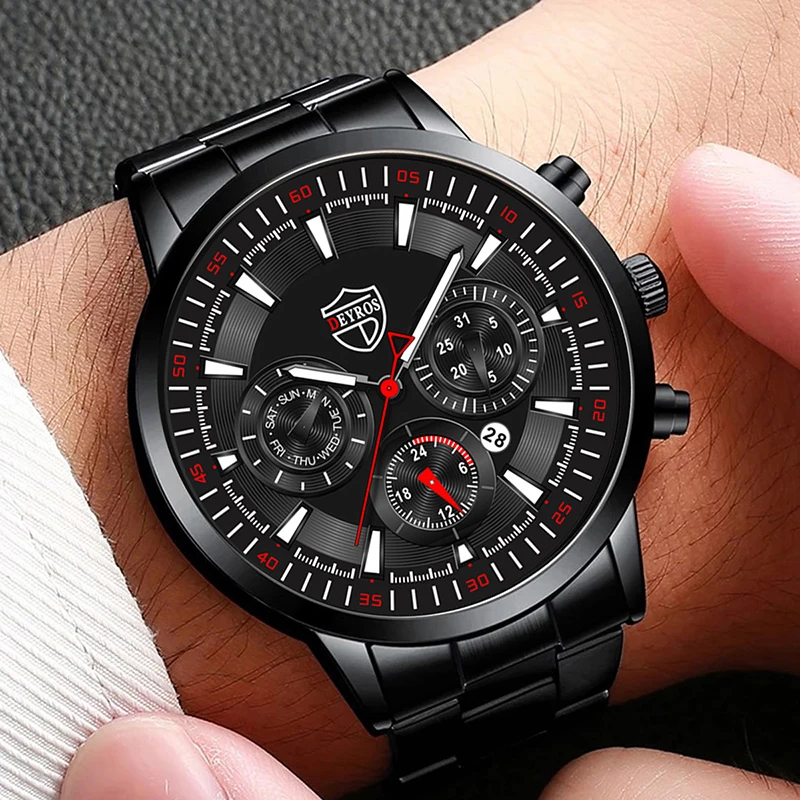 Mens Watches Set Sports Stainless Steel Quartz Watch Business Casual Wrist Watch
