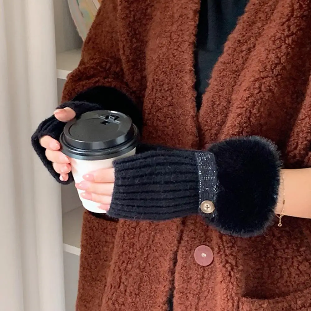Women Hand Warmer Winter Fashion Faux Wool Cuff Gloves Knitting Warm Fingerless Gloves Luxury Warm Plush Gloves For Work Study