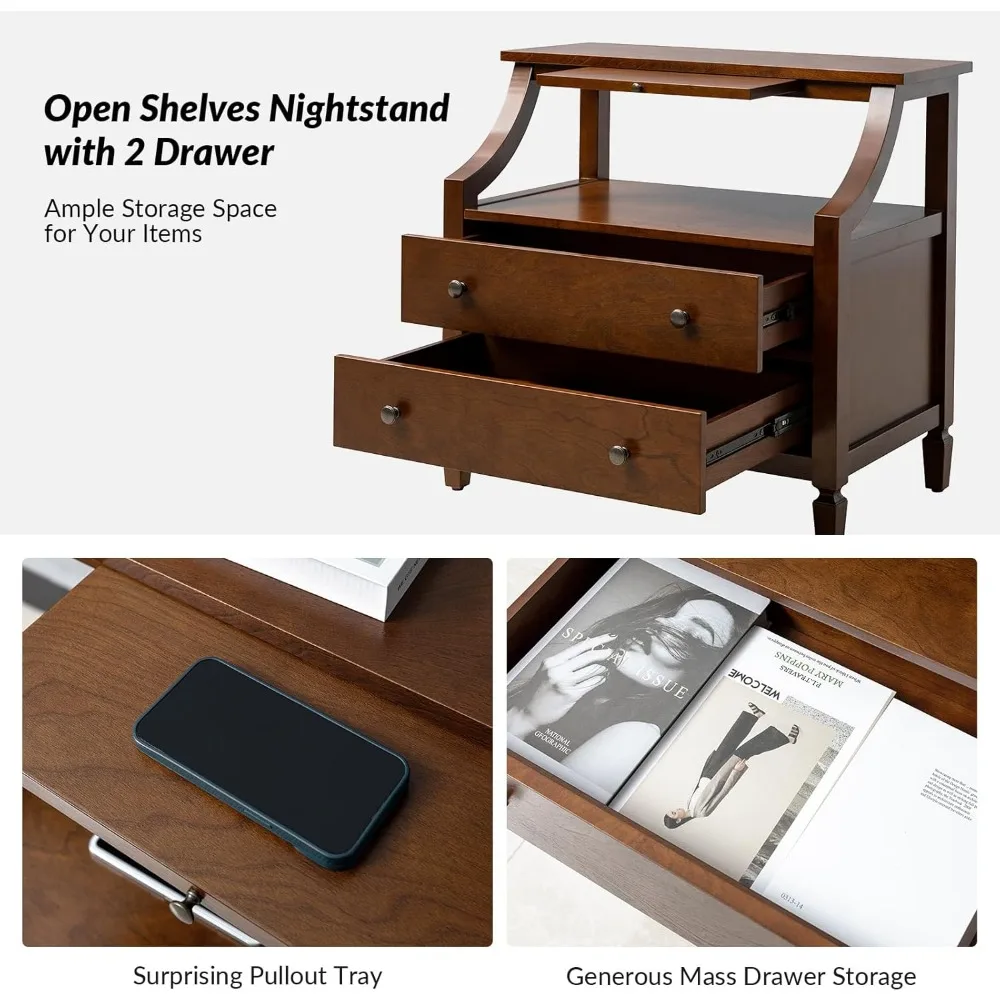 Wood Nightstand with Charging Station, 2-Drawer Dresser with Wooden Legs, Mid-Century Modern Nightstand 3