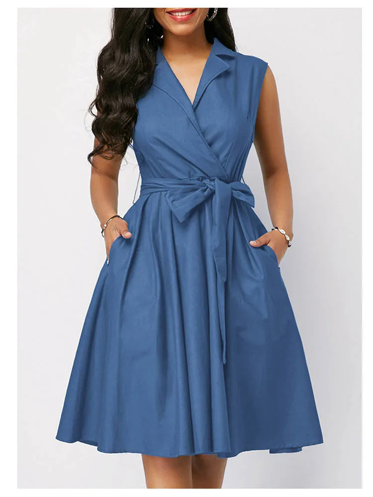 

2023 Summer Elegant Office Ladies Sleeveless Dress Fashion Casual V-neck Pocket Belt Slim Fit Brown A Line Dresses For Women's