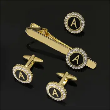 1 Set Of A-B-Z Letters Capital Initial Cufflinks And Tie Clip Jewelry Mens Crystal Round Cuff Links Father's Day Birthday Gift 1
