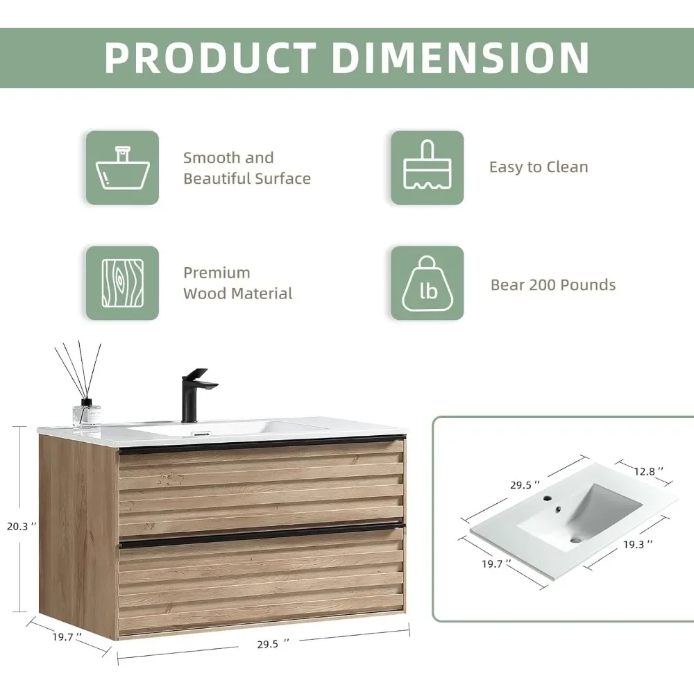 Bathroom Vanity with Sink, Modern Vanity Bathroom with Extra Big Drawers, Wall Mounted Floating Bathroom Vanities 6