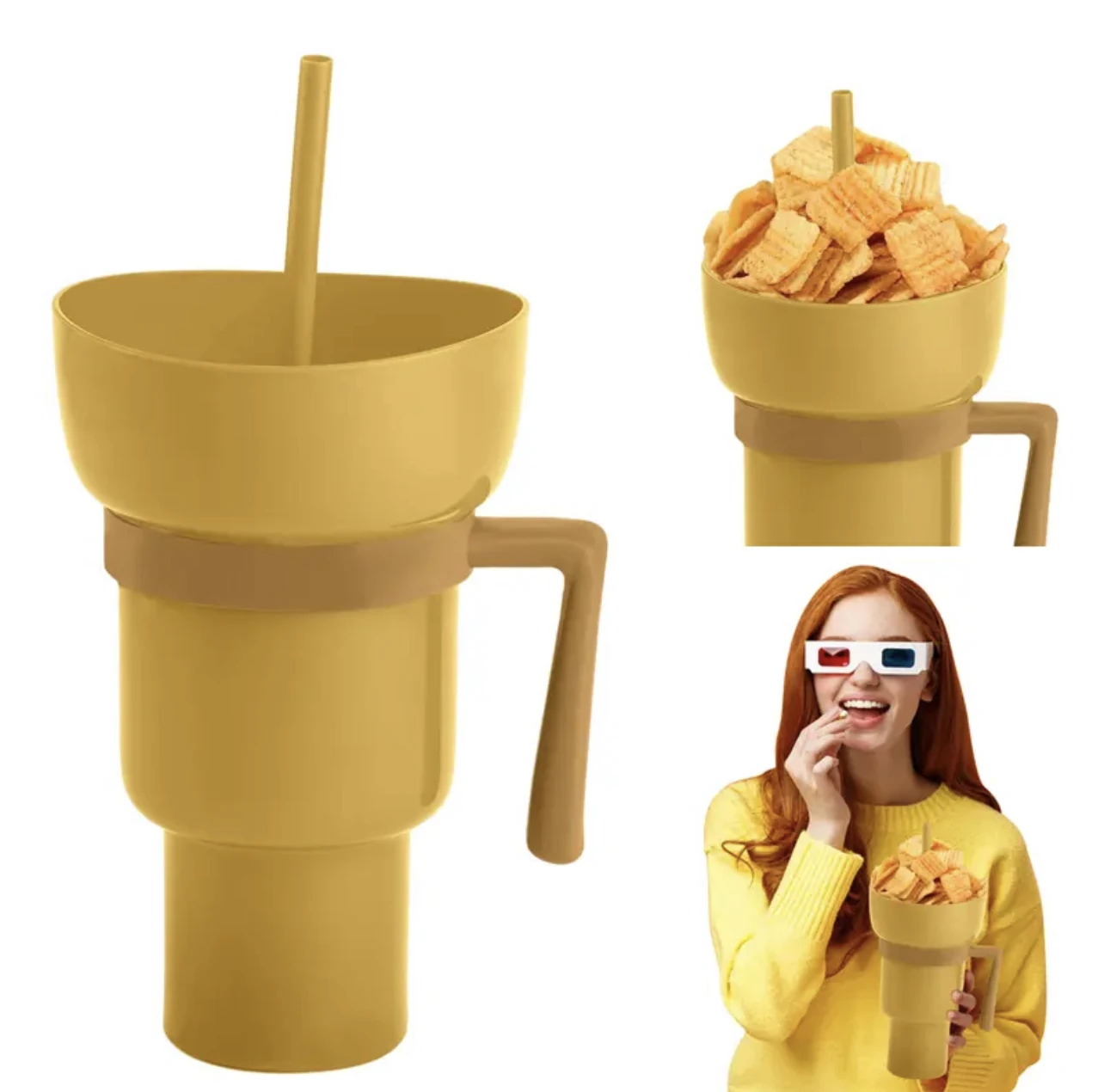 Gobelet 2 En 1 Snack Et Boisson - Bol à Pop-corn Avec Paille, Silicone, Anti-fuite, Pour Cinéma, Stade, Voyage, Maison