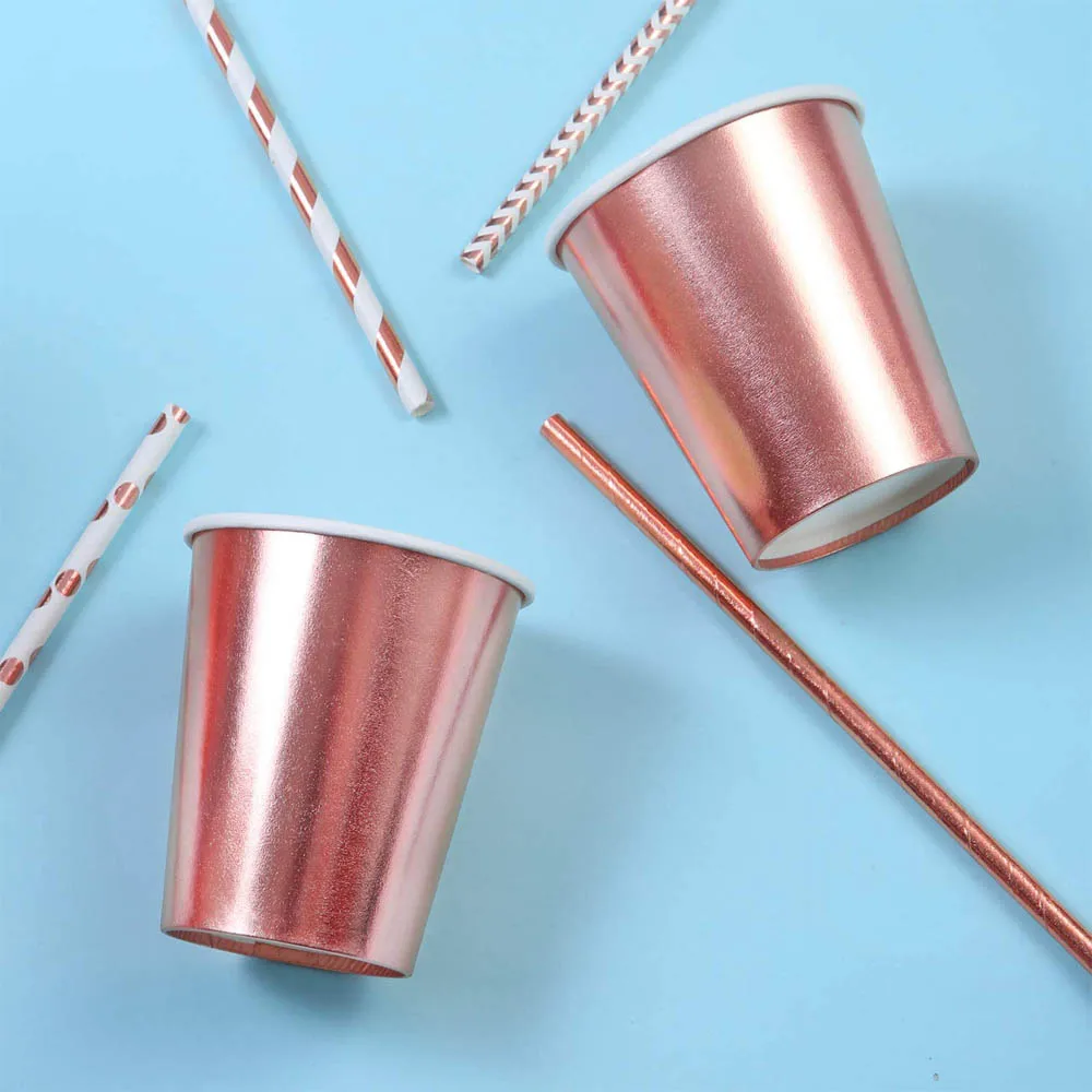 100 Packs Disposable Cup Rose Gold Foil Paper 9oz Party Wedding Birthday Drinking Tableware Supplies