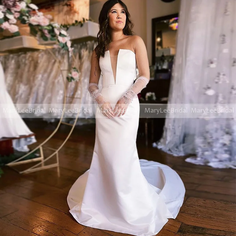 

Женское свадебное платье с юбкой-годе, длинное платье невесты без бретелек со съемным бантом и отложным воротником, индивидуальный пошив