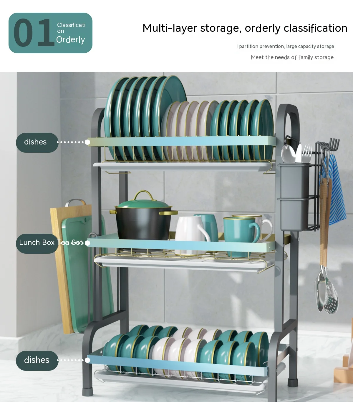 Description Picture 2 of item3 Tiers Dish Drying Rack Dish Drainer Holder with Tray Kitchen Sink Counter Organizer Storage Shelf Tableware Drainboard