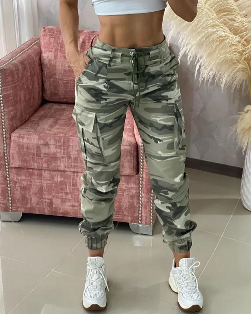 BiBi Braided Waist Belt Patch Pockets Camouflage Print Pants