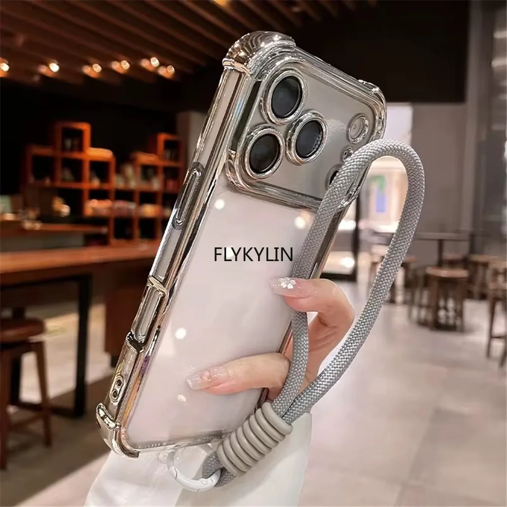 Electroplated Shockproof Phone Case with Hand Strap - Transparent Soft Cover
