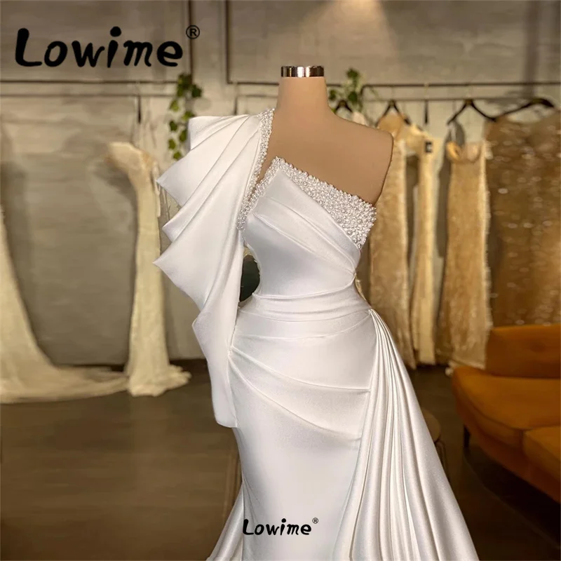 

White Pearls Beading Long Evening Dresses One Shoulder Gorgeous Wedding Party Dress Mermaid Plus Size Pageant Prom Gowns Robes