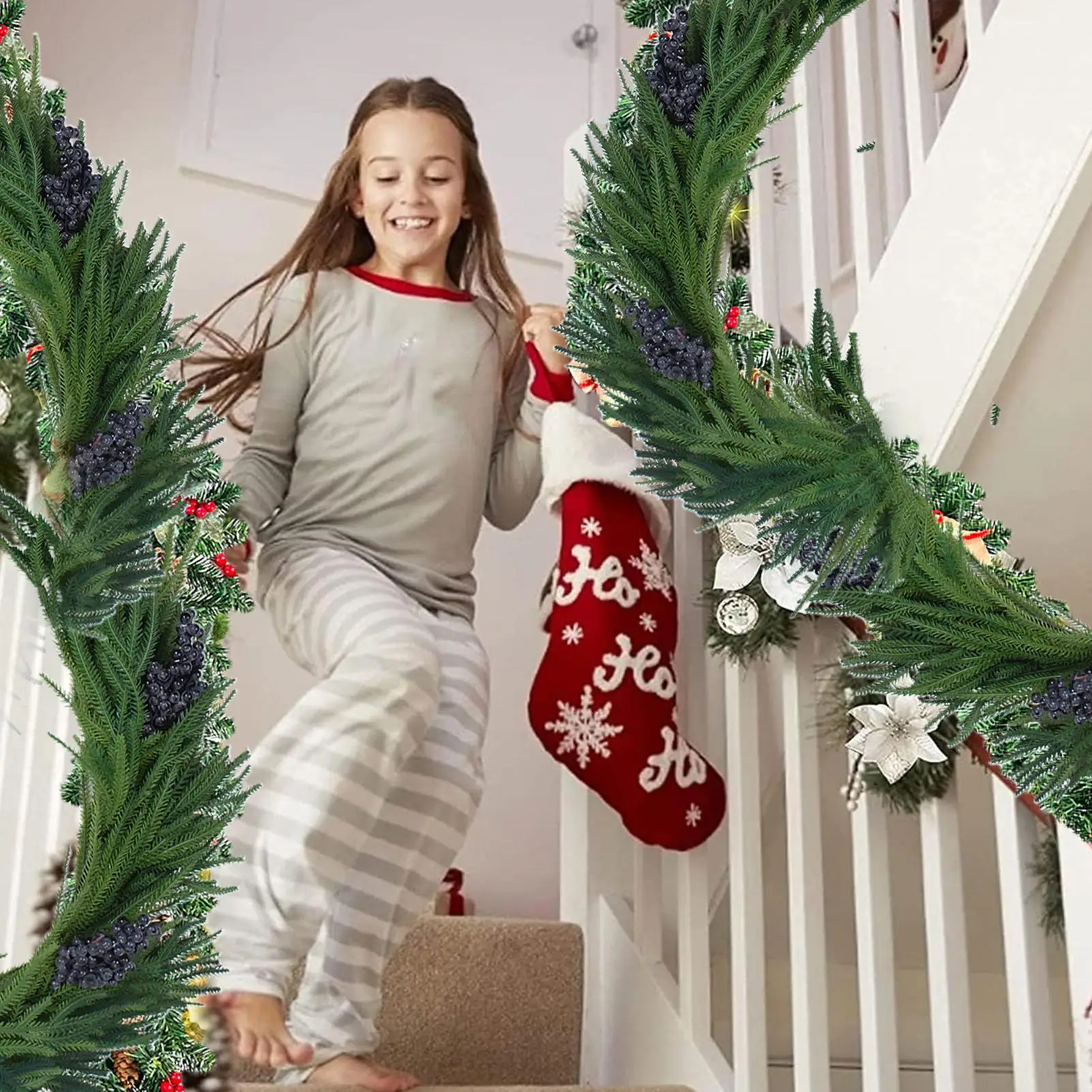 Artificial Pine Garland 70.8 Inches Holiday Decorations Artificial Greenery Garland With Berry For Home Fireplace Shelf