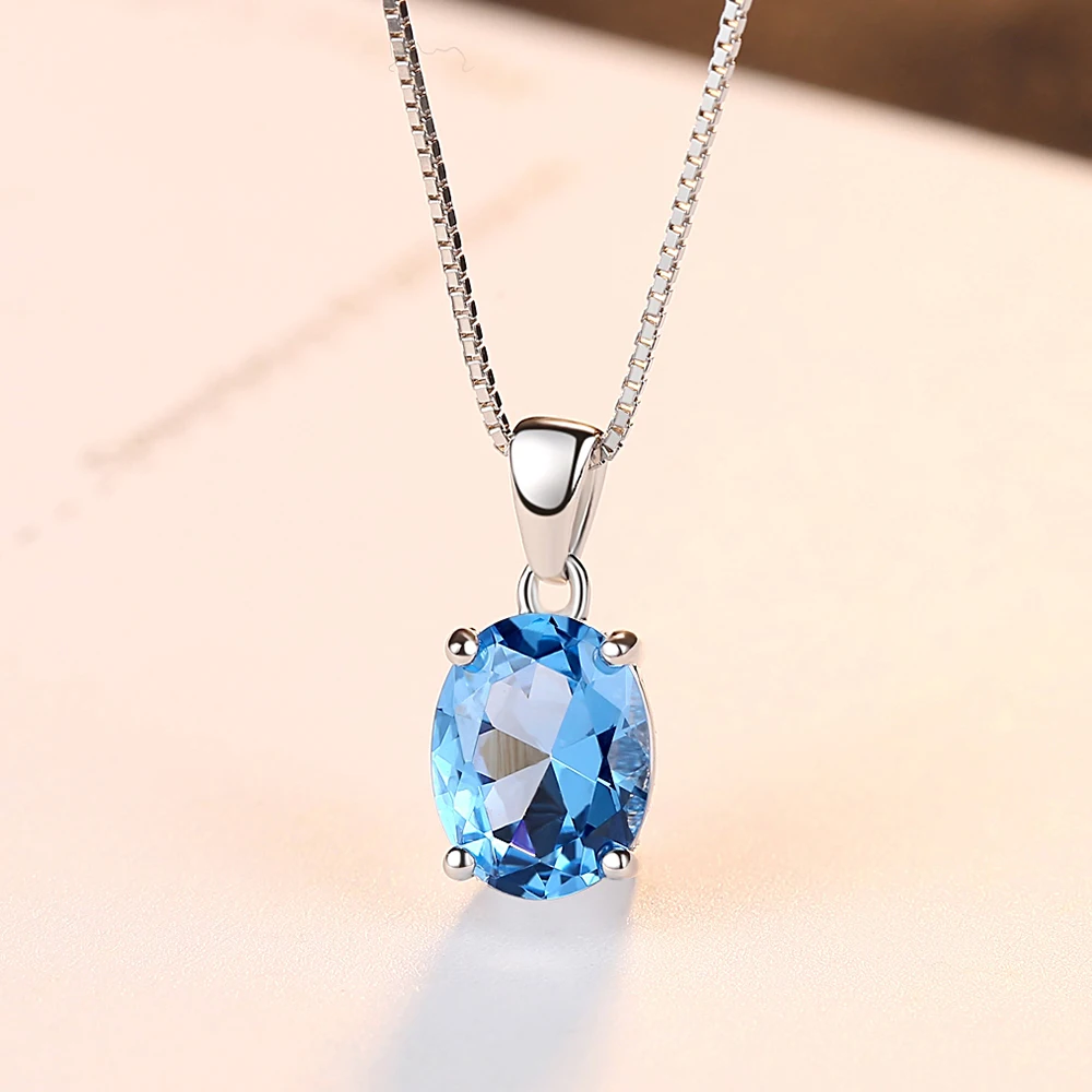 Synthetic Sky Blue Topaz  Sterling Silver Necklace For Women Classic Oval Stone Pendant Chian Wedding Fine_voghion.com