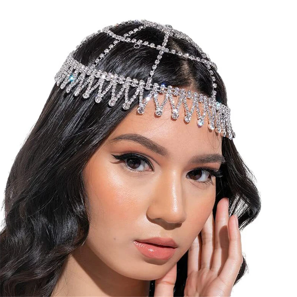 Luxury Rhinestone Tassel Forehead Chain Headband Hair Jewelry for Women