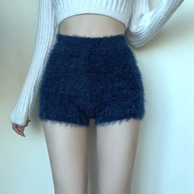 Plush Shorts Women's Winter Solid Color Seahorse Hair High Elastic Knit Leggings High Waist Thick Warm Shorts