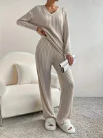 Autumn Winter 2 Pieces Pajamas Set for Women Sleepwear V-neck Ribbed Knit Tops and Trousers Homewear Casual Outfits - Image 2
