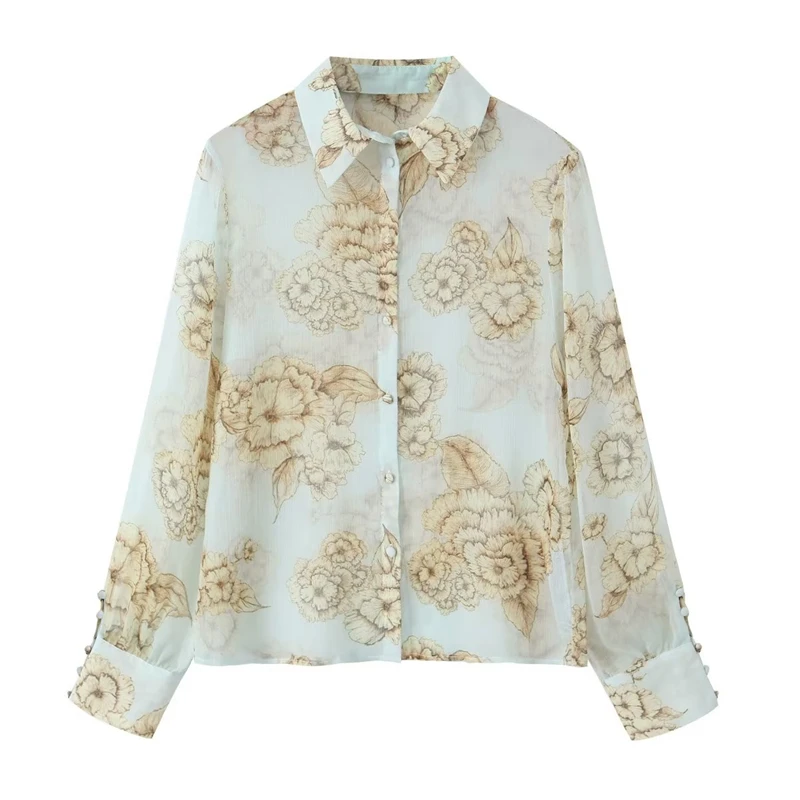 

2023 Women's Summer New Lapel Long Sleeve Flower Print Single Breasted Shirt Casual Loose Fashion All-match Tops