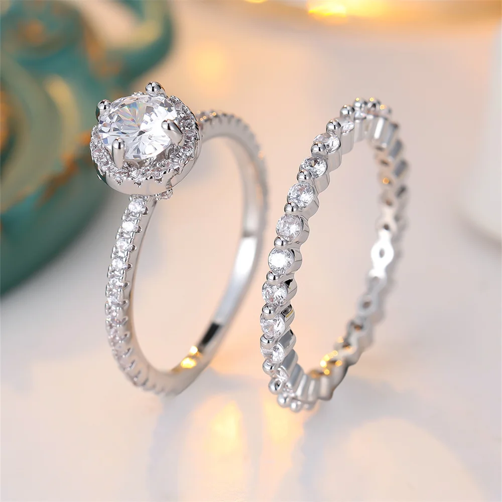 2pcs/Set Round Stone White Zircon Ring Sets For Women Vintage Silver Color Engagement Bands Wedding Jewelry Set Versatile Gifts