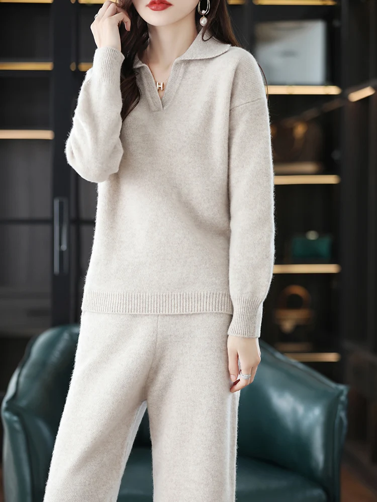 Nový kašmírové oblek ženské klopa korejské varianta z senior ležérní svetr široká hohavice kalhot vlna pletené dvoudílná oblek