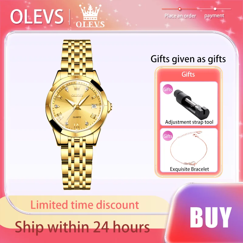 OLEVS luxusní originální značka ženy hodinky zlato nerez ocel řemen křemen hodinky vodotěsný prismatic zrcadlo povrch ženské hodinky