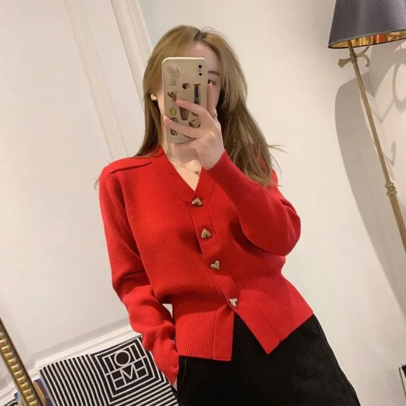 Women's Cardigans Loose Red V Neck Ladies Knit Sweaters Spring Autumn Long Sleeve Harajuku Fashion 2025 Light Elegant Jackets - 5