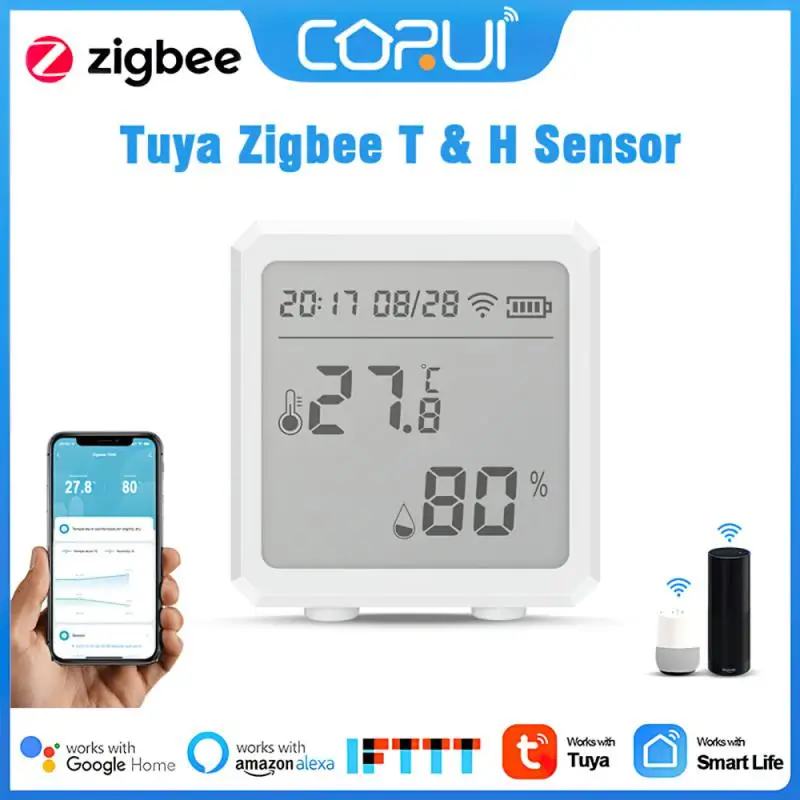 

CORUI Tuya Zigbee Temperature Sensor Humidity Sensor Battery Power With LCD Screen Display Smart Life Alexa Google Assistant