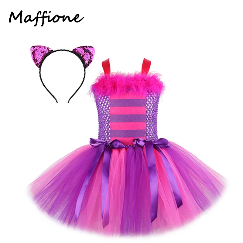 

Kids Cheshire Cat Cosplay Costume Tutu Dress Outfits Skirt Headband Set Girls Dance Performance Clothing Halloween Party Suit