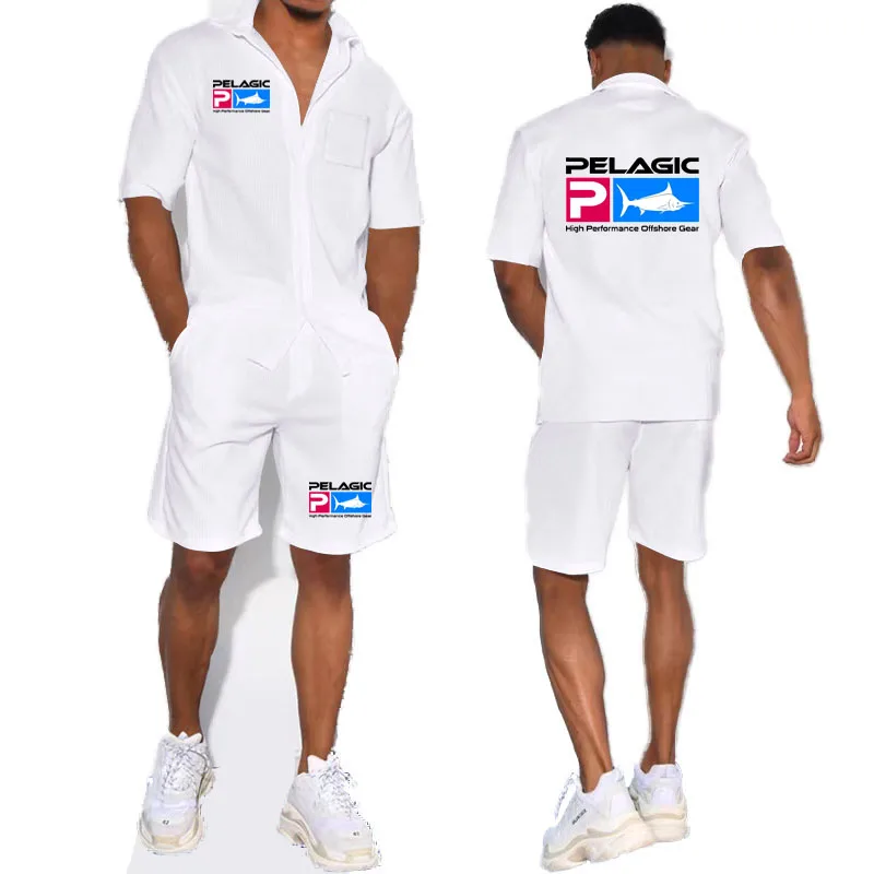 

Pelagic Fishing Buckle up men's Shirts + Shorts Outdoor Sun Protection Vacation beach Clothing Summer T-shirt short sleeve set