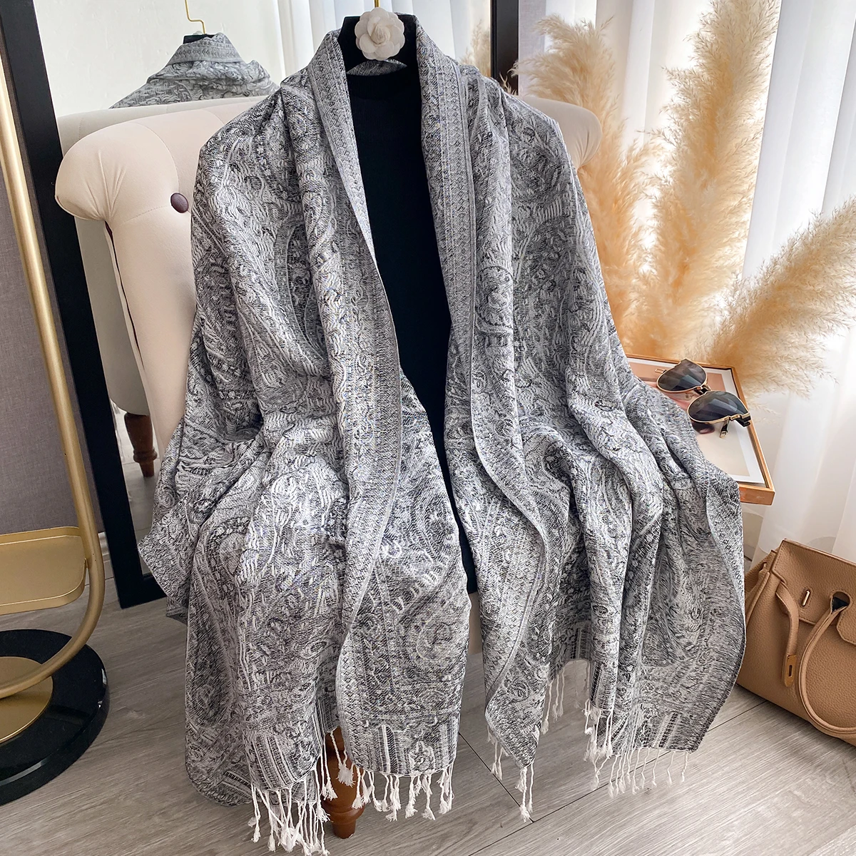 Luxury Winter Women's Cashmere Scarf - Embroidered Printed Tasseled Shawl, Muslim Modal Hijab Headscarf & Warm Poncho