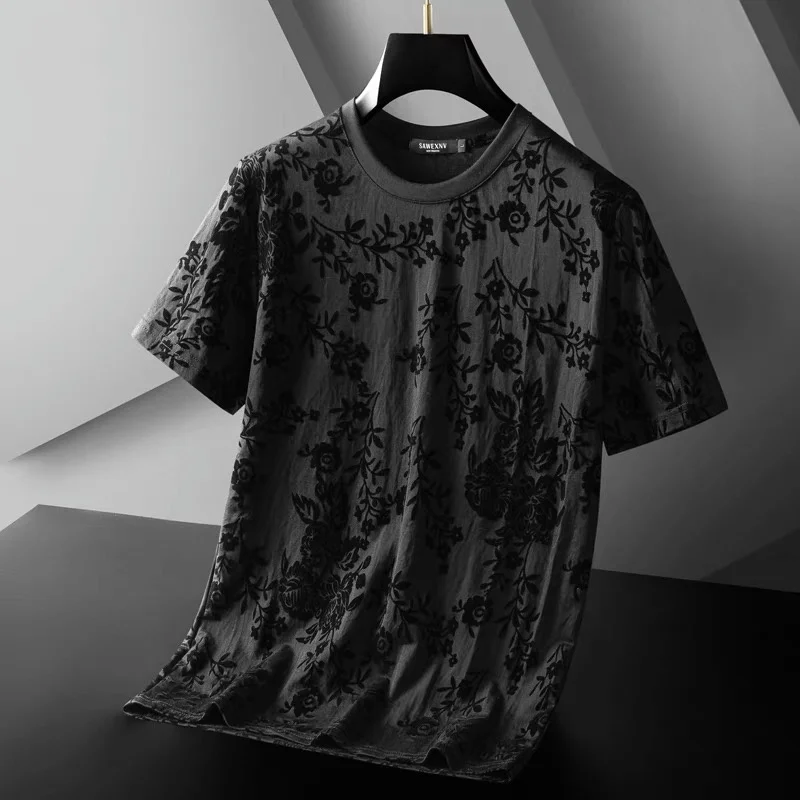 

European station summer new Flocking flower slim short t-shirt men's fashion trend Korean version large half sleeve