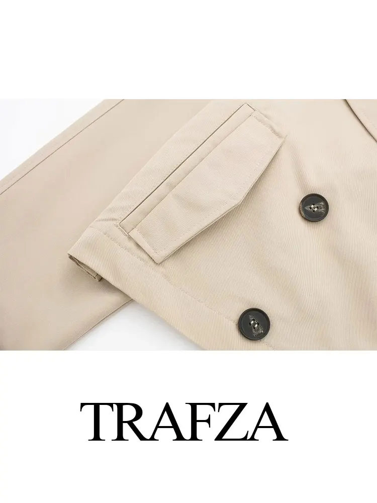 TRAFZA 여성용 짧은 트렌치 코트, 빈티지 솔리드 더블 브레스트, 긴 소매 재킷, 2024 여성 캐주얼 스트리트웨어, 시크 코트, 패션