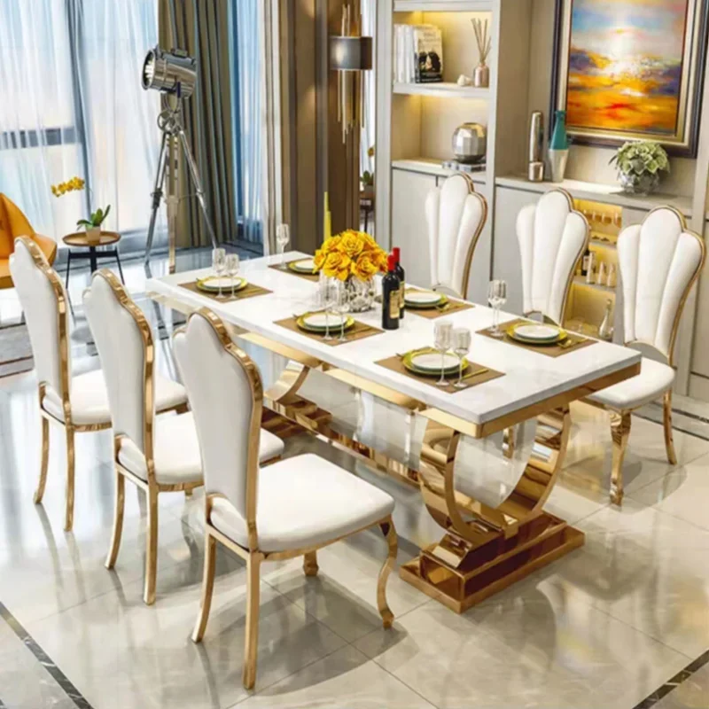 

Golden Luxury Kitchen Table Marble Modern Rectangle Stable Gold Plated Stainless Steel Frame Dining Table Chairs Combination
