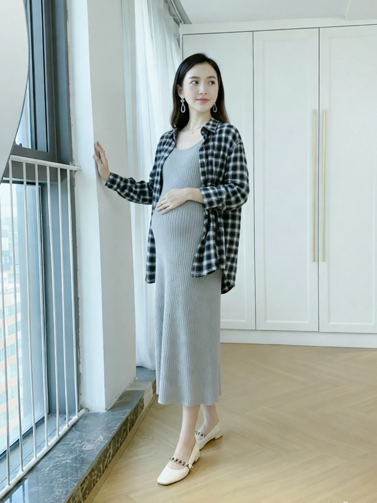 출산 복장 드레스 블랙 캐주얼 루즈 긴 소매 탑 체크 무늬 셔츠 여성 패션 봄 여름 신상품