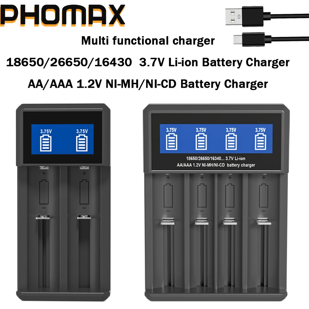 PHOMAX USB LCD Battery Smart Charger 2/4 Slots Dual For 18650 3.7V Rechargeable Lithium Battery For 1.2V NI-MH AA / AAA Battery 1