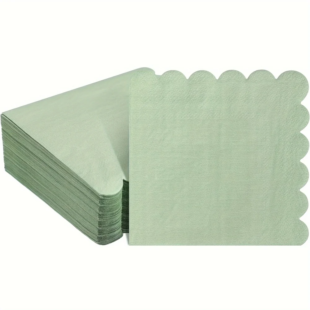 Description Picture 3 of item25/50/100pc Scalloped Sage Cocktail Napkins Disposable Paper Tissue Party Napkins Beverage Towels for Wedding Birthday Christmas