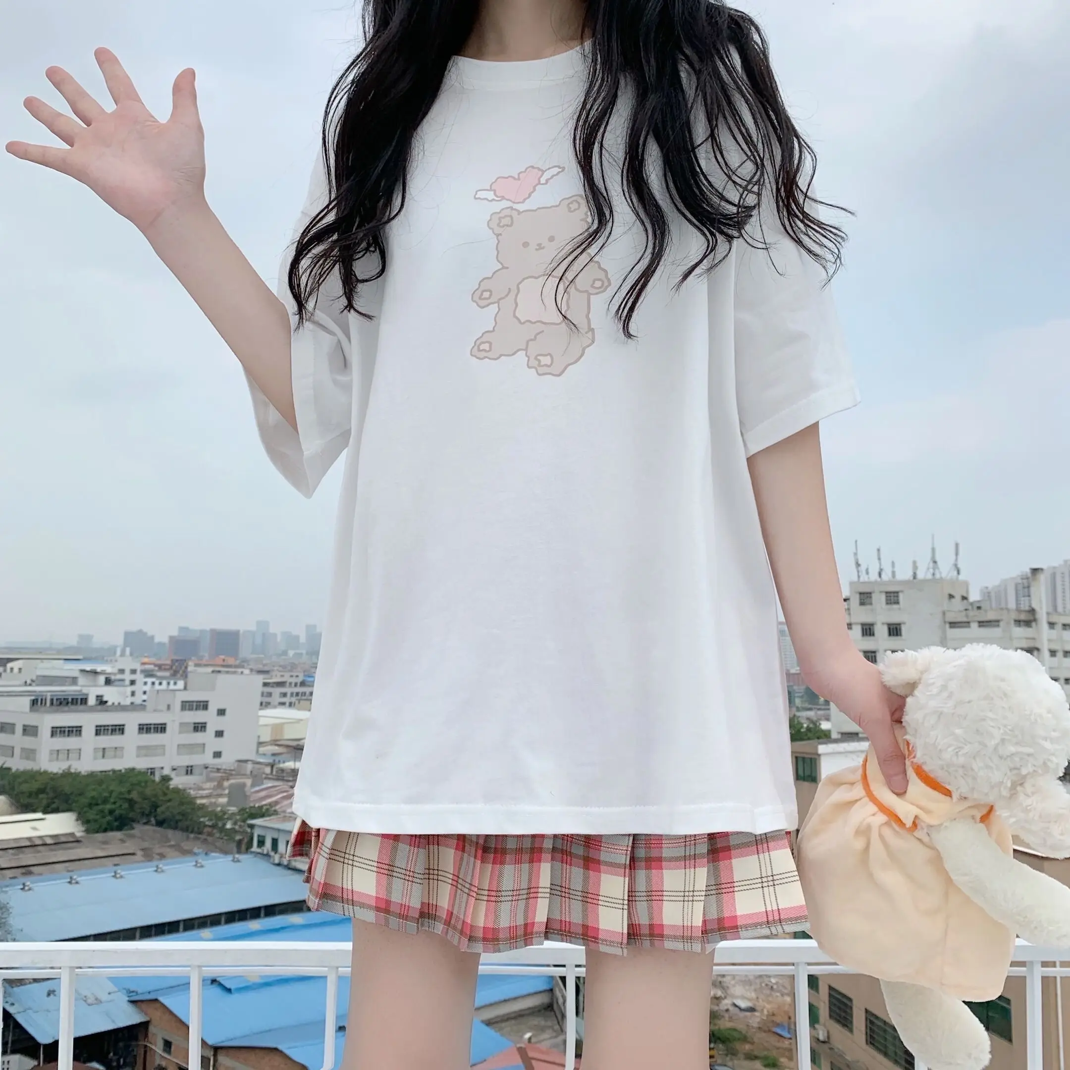

Women's T-shirt Kawaii Clothes Heart Bear Print Tees Oversized T Shirt Top Women Clothing Cute Sweet T Shirts Cartoon Tshirt