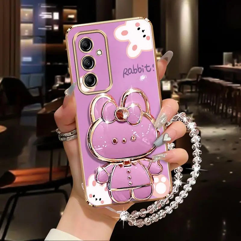 Elegant Diamond Wrist Strap Phone Holder Case with Rabbit Design and Stand Functionality