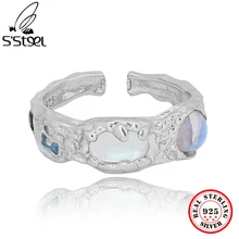 S'STEEL Korean Moonstone 925 Sterling Silver Trendy Western Zirconia Dainty Adjustable Ring For Women Handmade Fine Jewelry