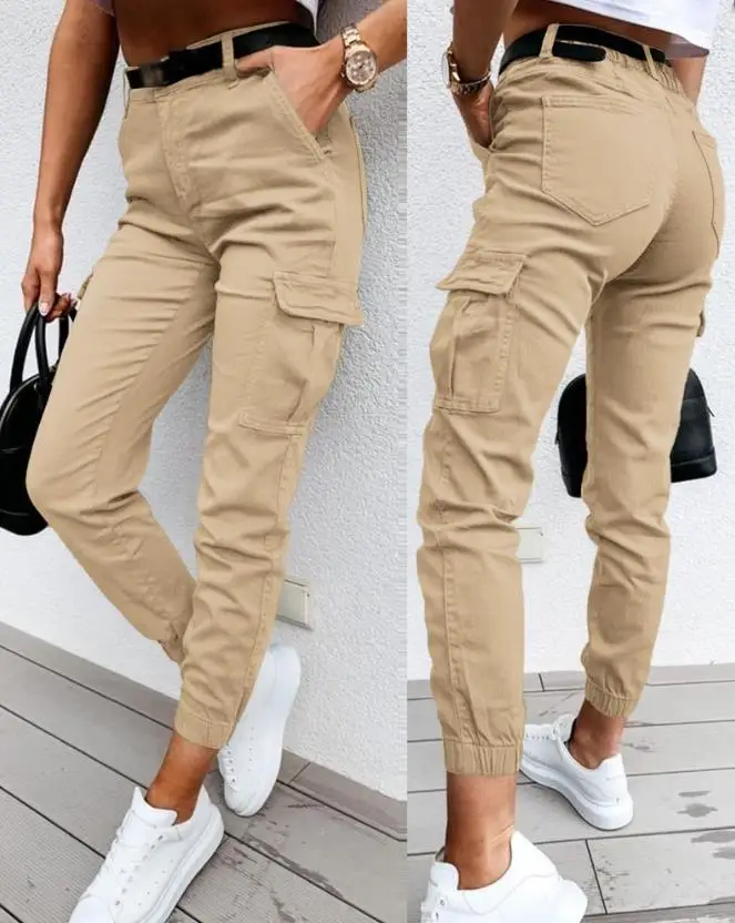 Women's Summer Pants Are Fashionable Simple Casual with A High Waisted Solid Color Pocket Design High Waisted Shoulder Straps