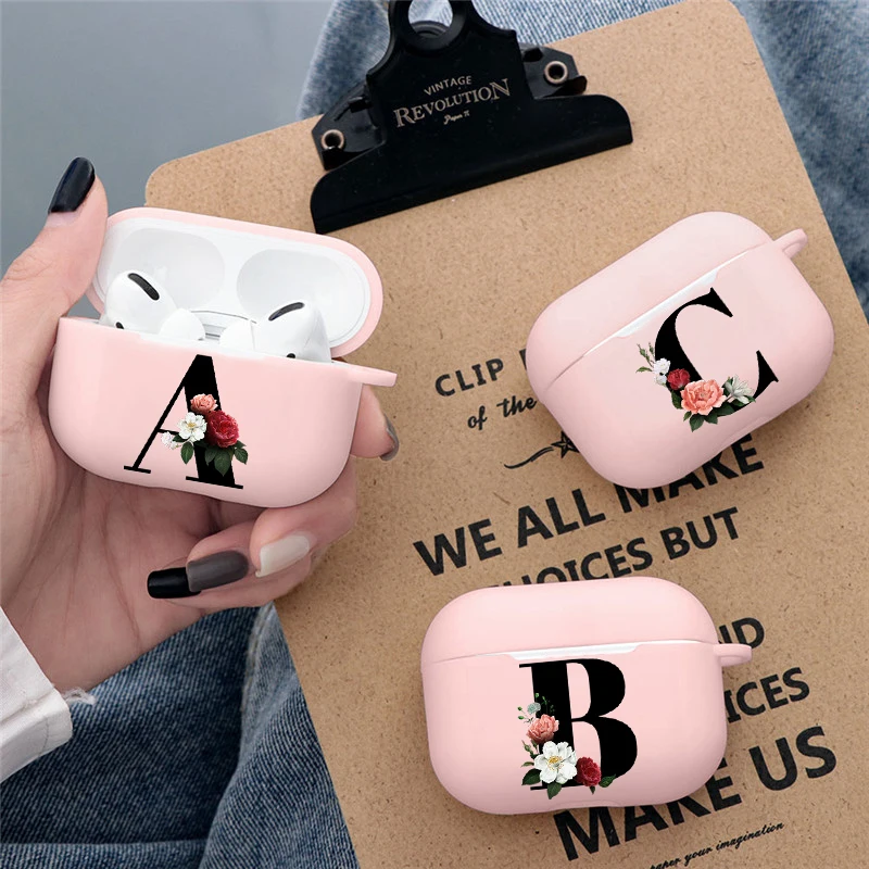 Custodia Per Auricolari Con Lettera A Z Iniziale Per Scatola Di Ricarica Apple Per Airpods 1 2 3 Pro Custodia Bluetooth Wireless Rosa Con Fiore Nero L
