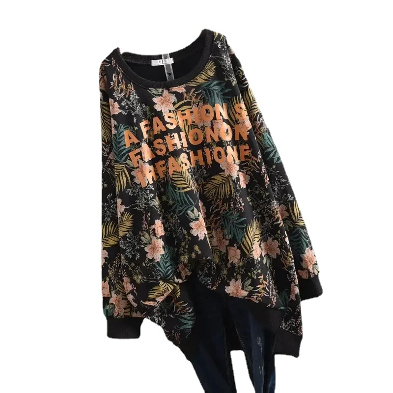Fall 2023 New Women's Retro Floral Loose Mid-length Long-sleeved Fashion T-shirt Casual Plus Size All-match Top