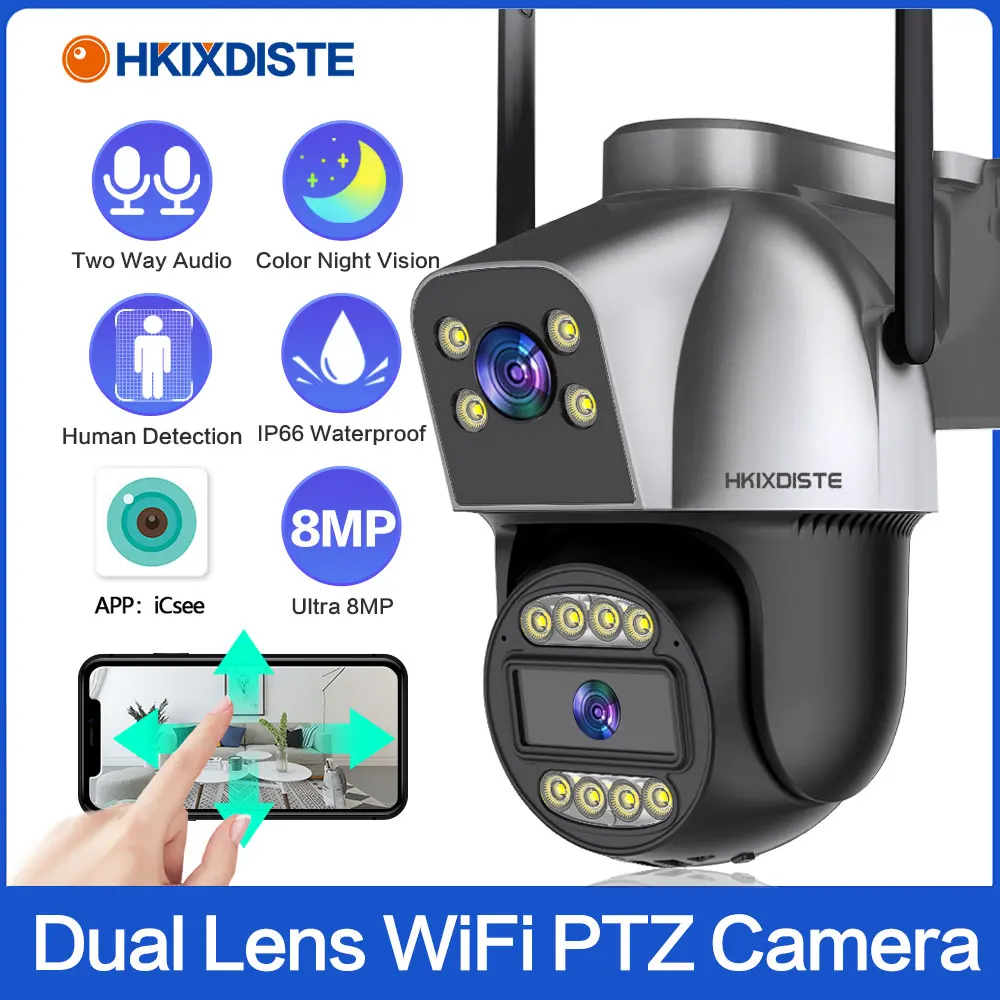 

8MP iCSee Wifi Camera 4K Outdoor Dual lens Dual Screen Ai Human Detection Auto tracking Security Protection IP Wifi Surveillance