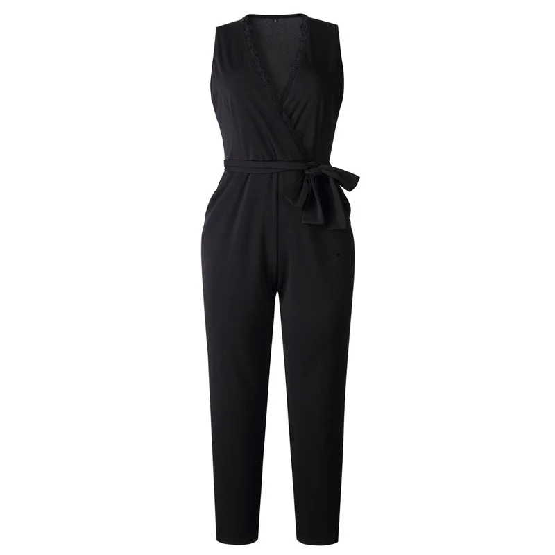 Women Solid Bandage Casual Jumpsuits 2021 Summer Fashion Lace Sleeveless V-neck Pocket Long Pants Rompers Black Jumpsuit Female