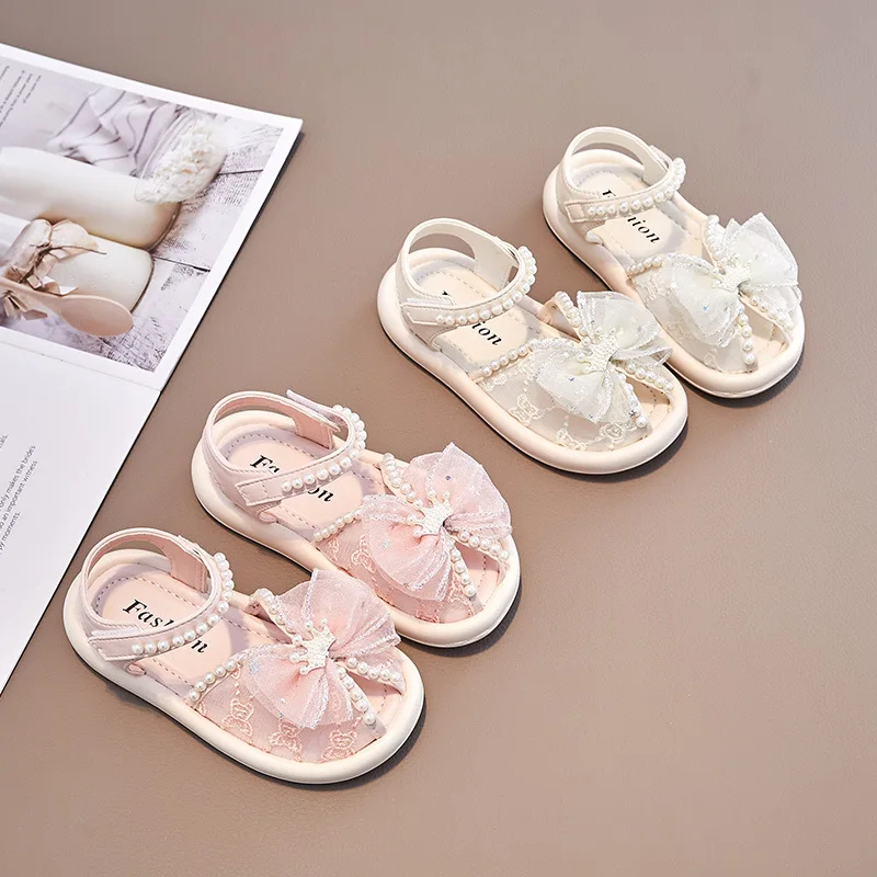 

Summer Children's Girls Pearl Bowknot Sandals Princess Fashion Breathable Non-Slip Sandals Beach Soft Kids CARTOON Sandals