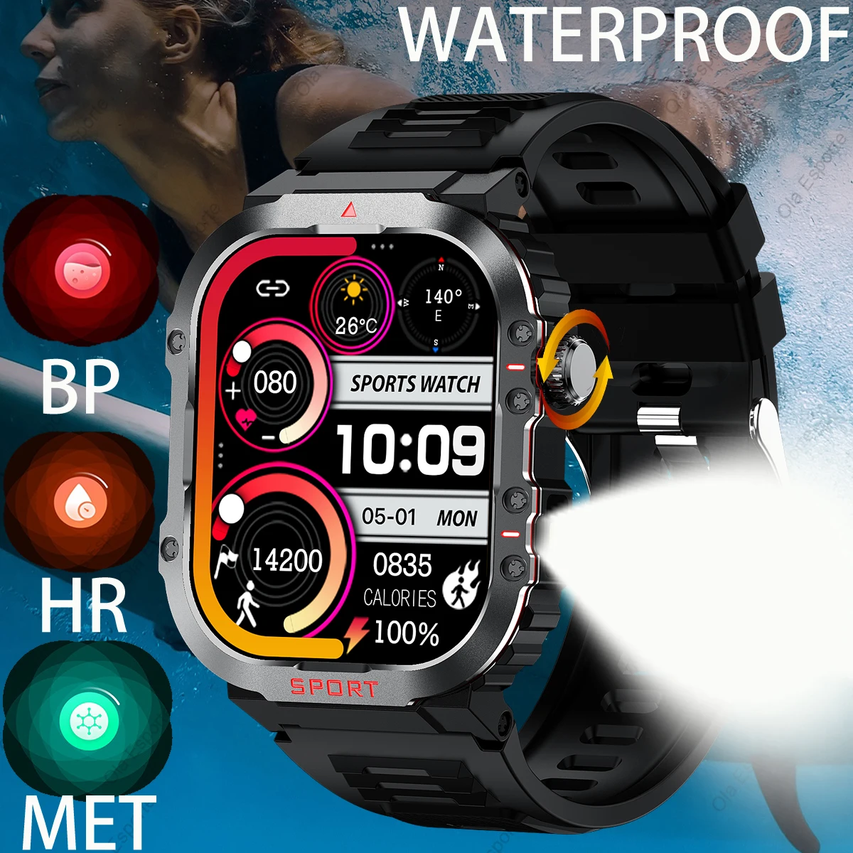 Nouveau dans GPS montre intelligente pour hommes femmes militaire Amoled lampe de poche étanche Sport de plein air Bluetooth appel Smartwatch bande intelligente