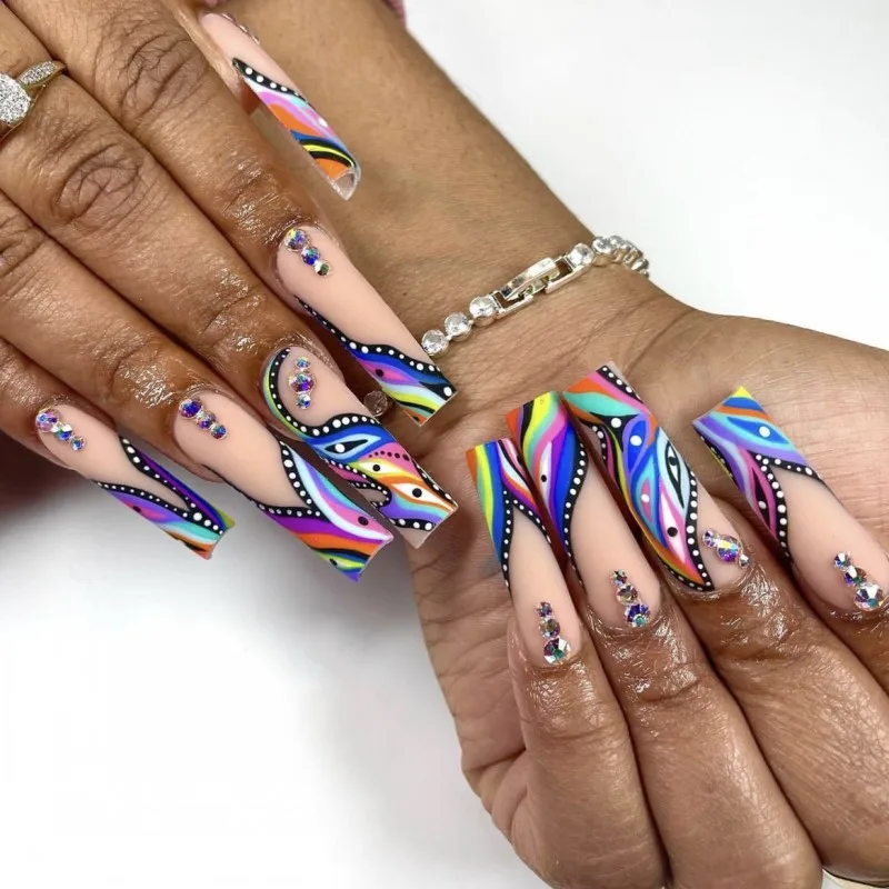 

3D fake nails set Colorful Danfeng Eyes designs capsule faux ongles long french coffin tips DIY manicure accessories false nails